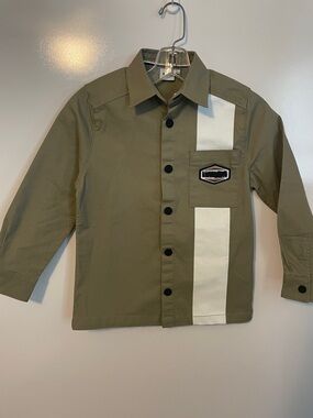 BOSS Hugo Boss Boys Shirt Olive Green White Stripe Logo Pocket Snap Front Size 8